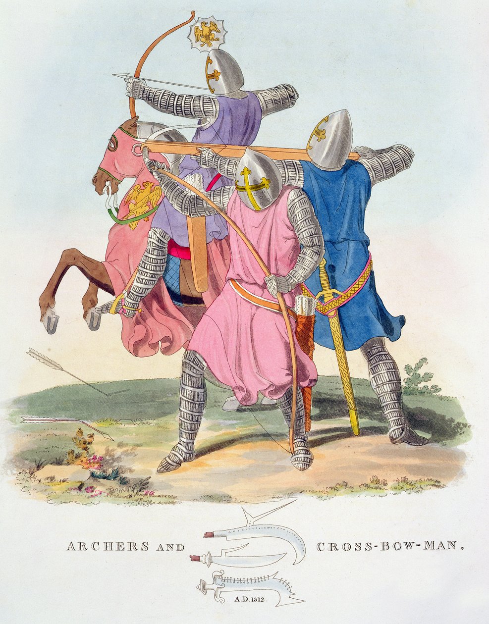 弓箭手和十字弓箭手，1312年，来自Ancient Armour by Samuel Rush Meryrick，1824年 作者 英语学校