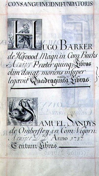 档案 3693 f.48 列出牛津大学新学院的两位捐赠者的页面；Hugo Barker和Samuel Sandys，来自于一本捐赠书。 作者 英语学校