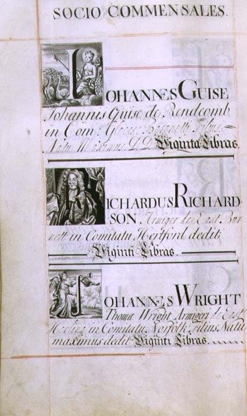 档案3693 f.60v页面列出牛津新学院的三位恩人; Johannes Guise，Richardus Richardson和Johannes Wright，来自福利书，16812-84（钢笔墨水） 作者 英语学校