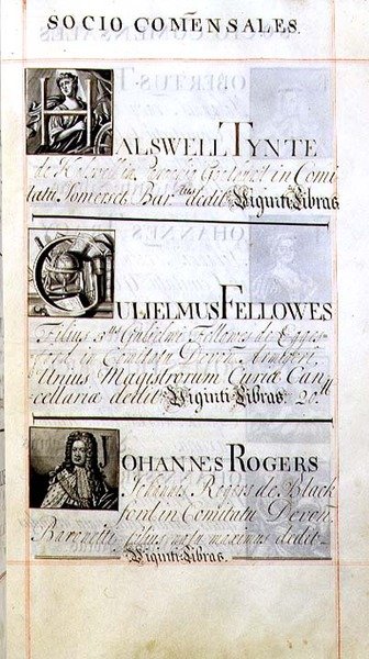 档案 3693 f.63 列出牛津大学新学院的三位捐赠者的页面；Halswell Tynte、Gulielmus Fellowes和Johannes Rogers，来自于捐赠书。 作者 英语学校