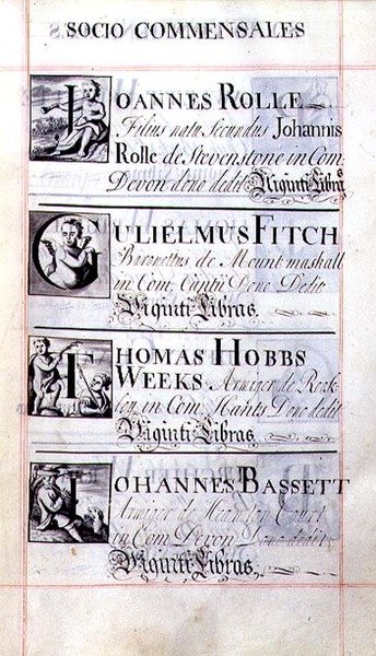 档案 3693 f.65 列出牛津大学新学院的四位捐赠者的页面；Joannes Rolle、Gulielmus Fitch、Thomas Hobbs Weeks和Johannes Bassett，来自一本捐赠书。 作者 英语学校