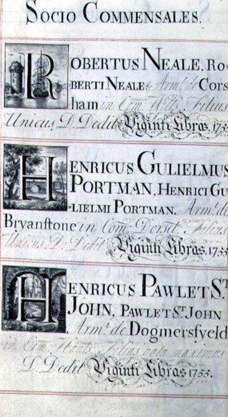档案 3693 f.95 页，列出了牛津大学新学院的三位捐赠者；Robertus Neale、Henricus Gulislmus Portman和Henricus Pawlet St John。 作者 英语学校