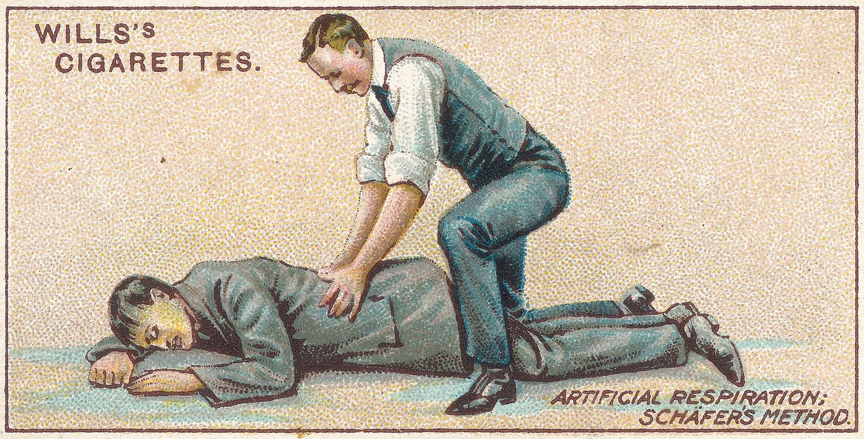 人工呼吸，Schafers方法，25号来自Willss Cigarettes卡的First Aid系列，1913年 作者 英语学校