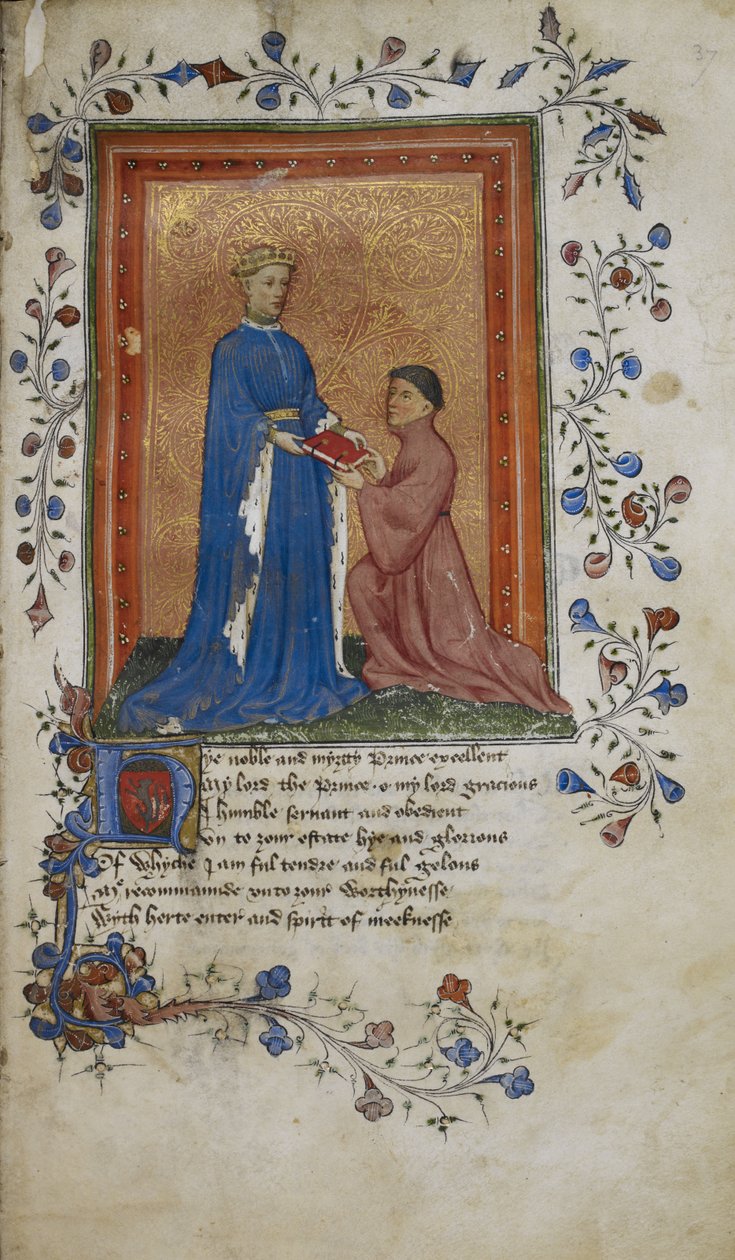 阿伦德尔 38，f.37 托马斯·霍克莱夫 (Thomas Hoccleve) 向兰开斯特的亨利王子赠送一本书，插图来自“De regimine principum” 作者 英语学校