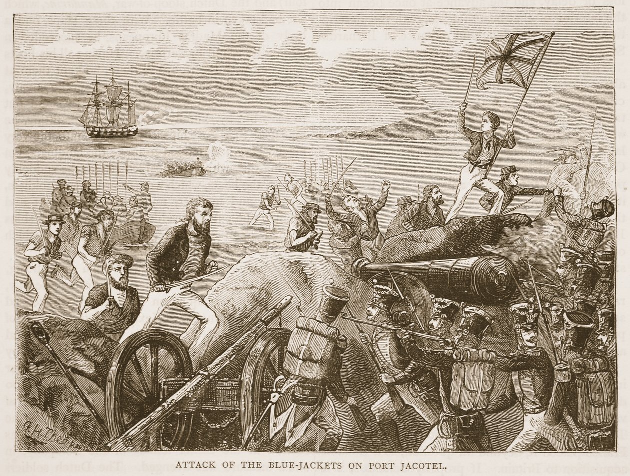 蓝色夹克攻击港口Jacotel，插图来自卡塞尔斯画报印度历史由詹姆斯格兰特，酒吧。 1879年 作者 英语学校