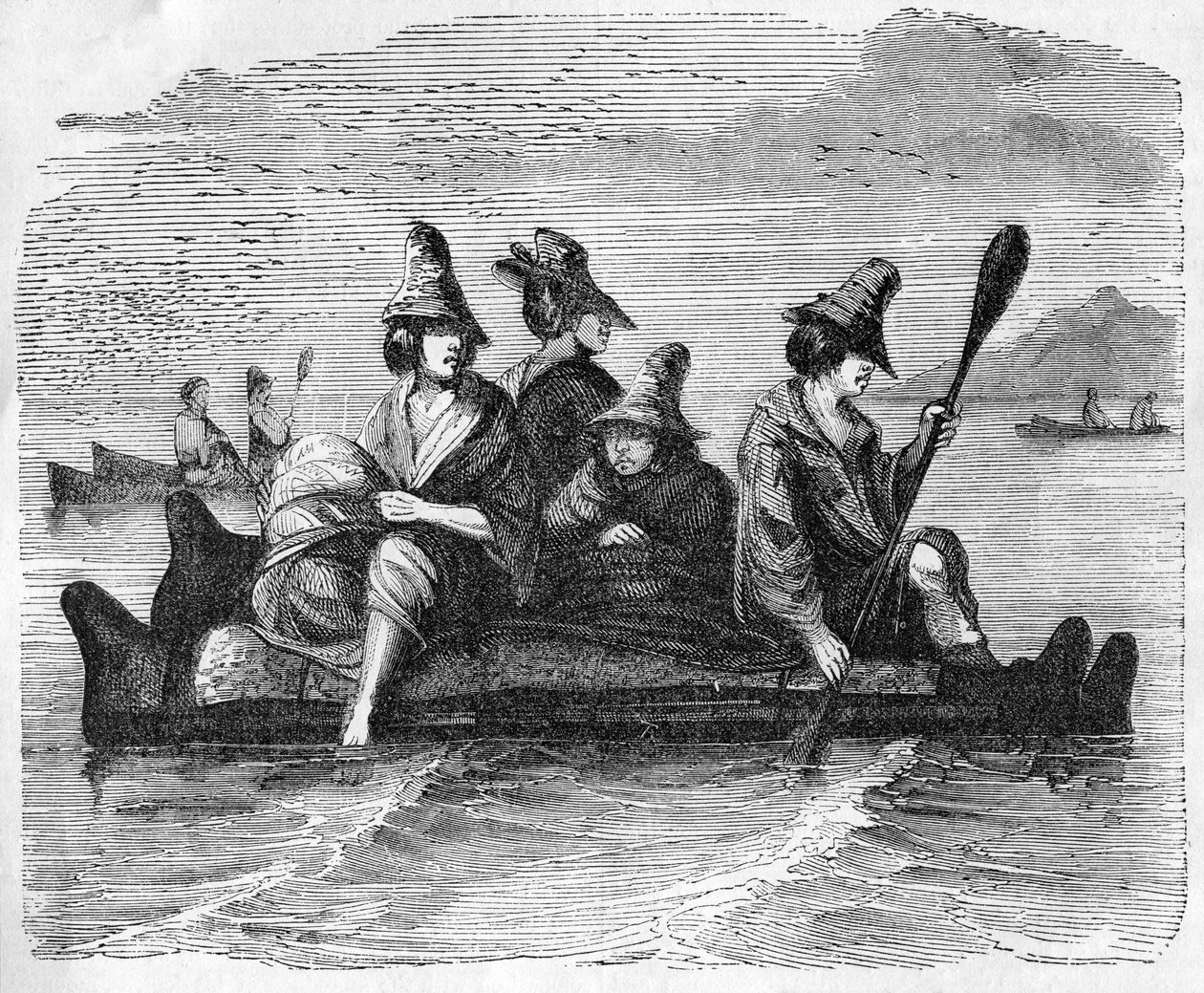 美国海岸原住民使用的轻木船或皮肤船，1857年“约翰卡塞尔的英国插图史”中的插图 作者 英语学校
