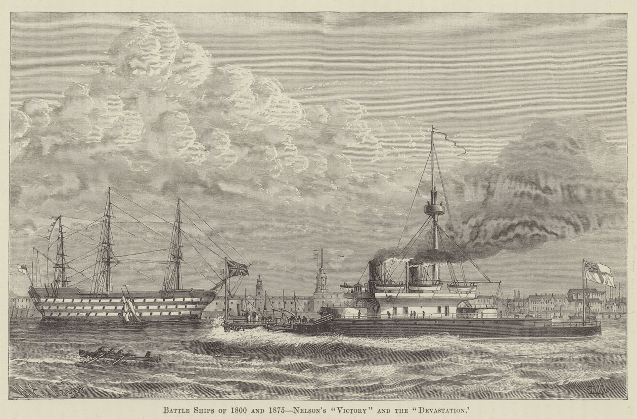 1800 年和 1875 年的战舰，纳尔逊的 "胜利 "号和 "毁灭 "号（雕刻） 作者 英语学校