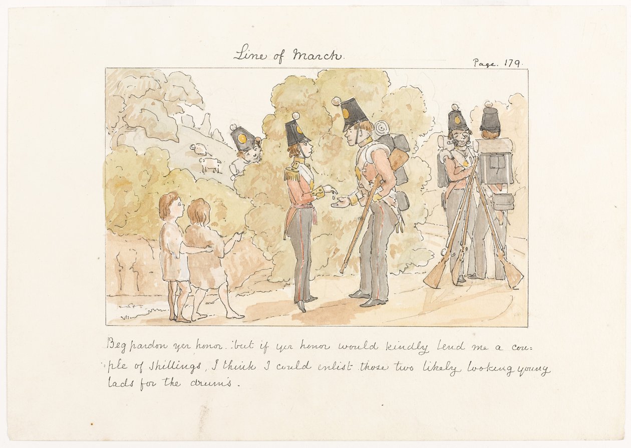Beg Pardon yer honor, but if yer honor would kindly lend me a couple of shillings I think I could enlist those two likely looking young lads for the drums, c.1850 (watercolor on paper) 作者 英语学校