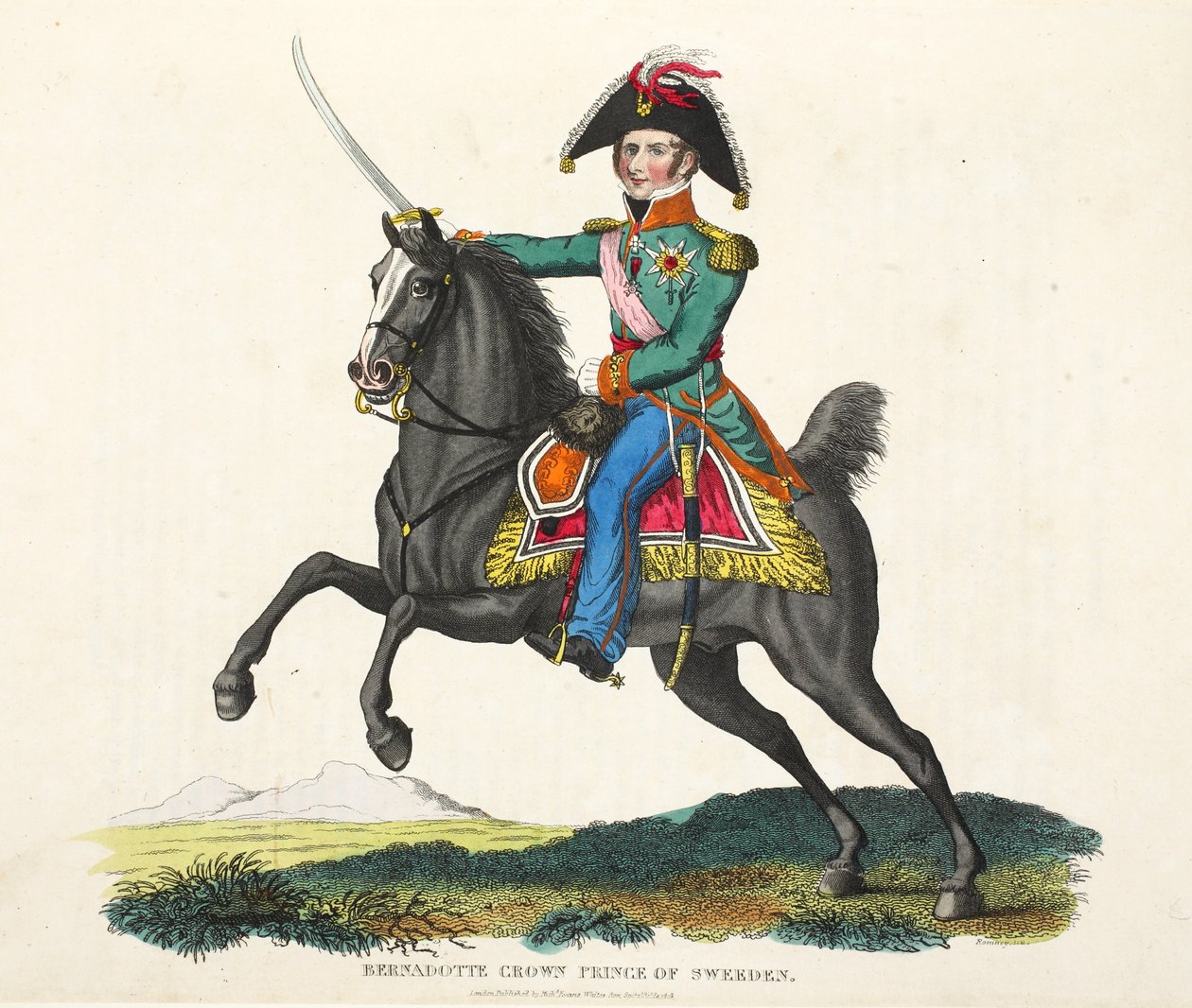 Bernadotte，瑞典王储，酒吧。作者：理查德·埃文斯（Richard Evans），罗姆尼（Romney），1816年威廉·穆德福德（William Mudford）撰写的滑铁卢战役历史记录中的插图 作者 英语学校