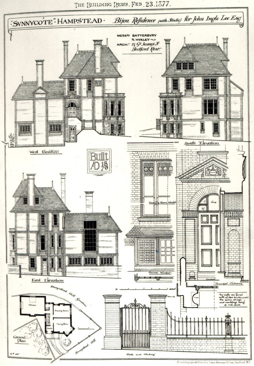 Bijou Residence Sunnycote，Hampstead，（带工作室）John Ingle Lee Esq，来自The Building News，1877年2月23日新闻，1877年2月23日 作者 英语学校