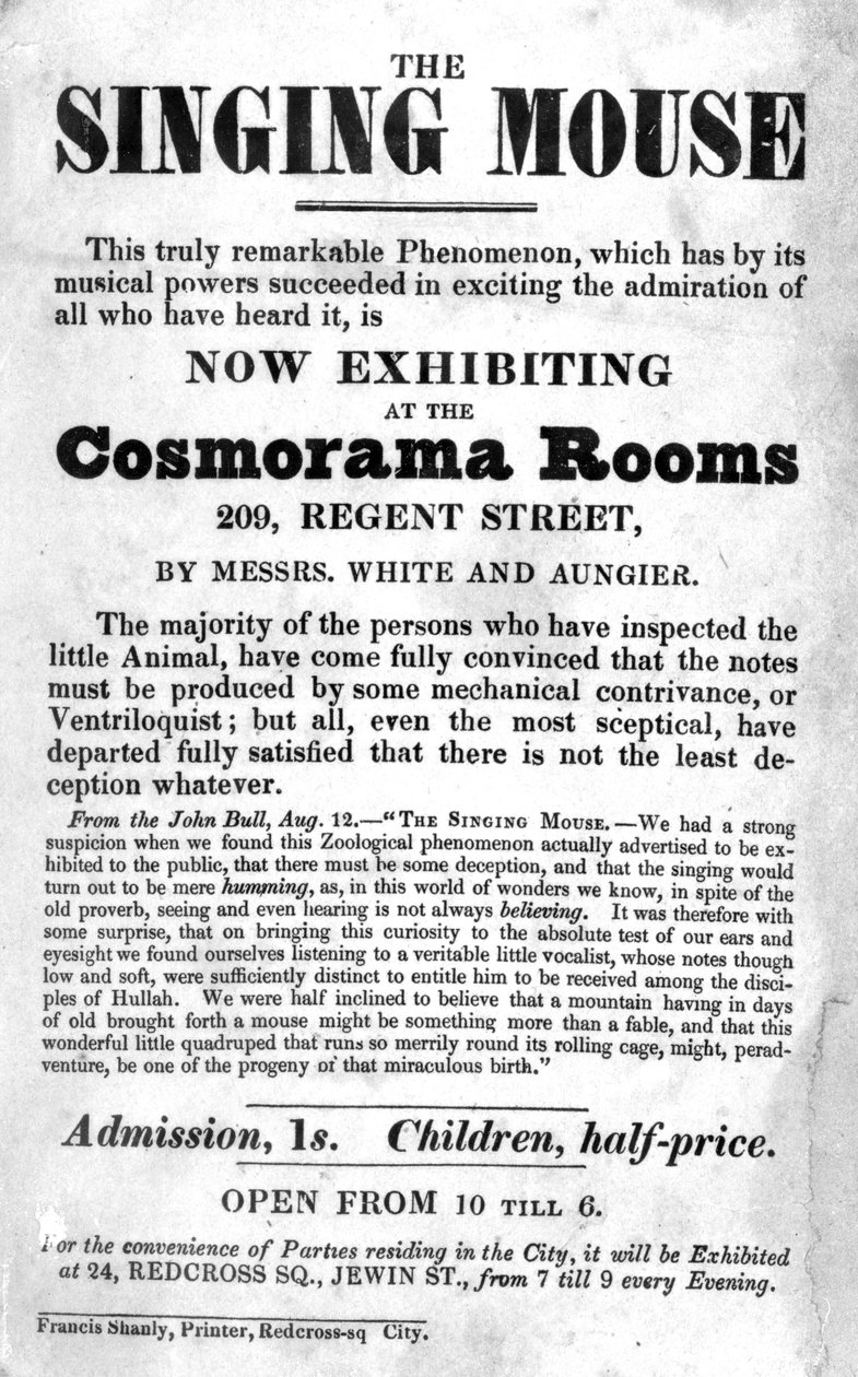 在摄政街209号Cosmorama Rooms举行的歌唱老鼠展览会上的海报，c。 1836 作者 英语学校