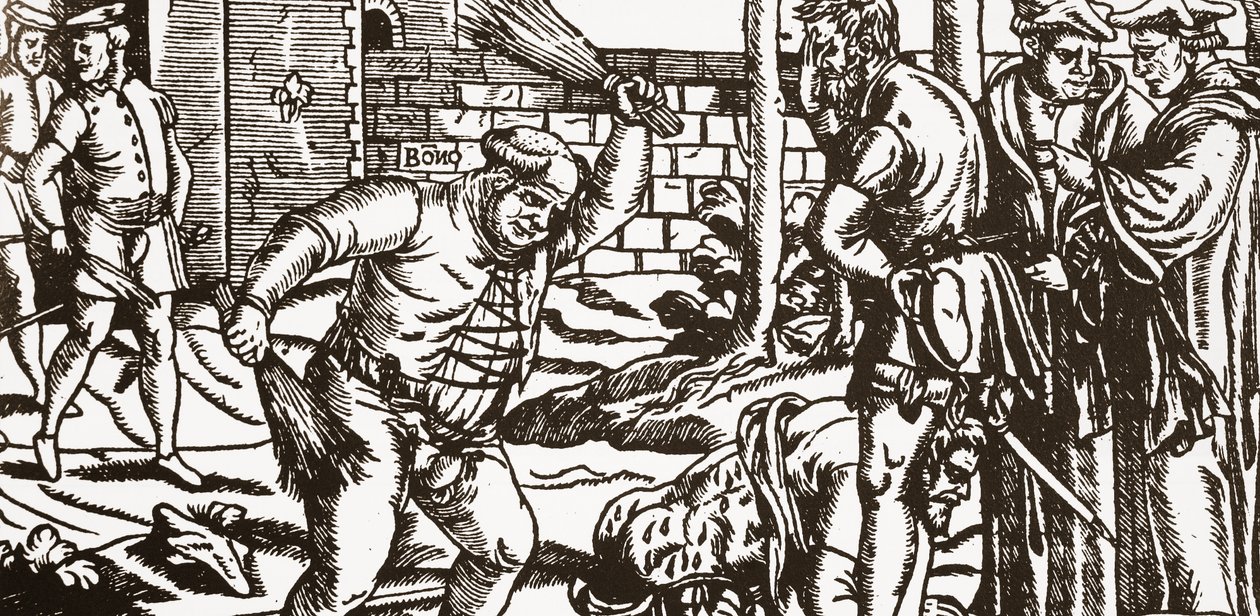 邦纳主教在富勒姆宫殿的果园里殴打他的囚犯约翰-威尔斯（木刻画） 作者 英语学校
