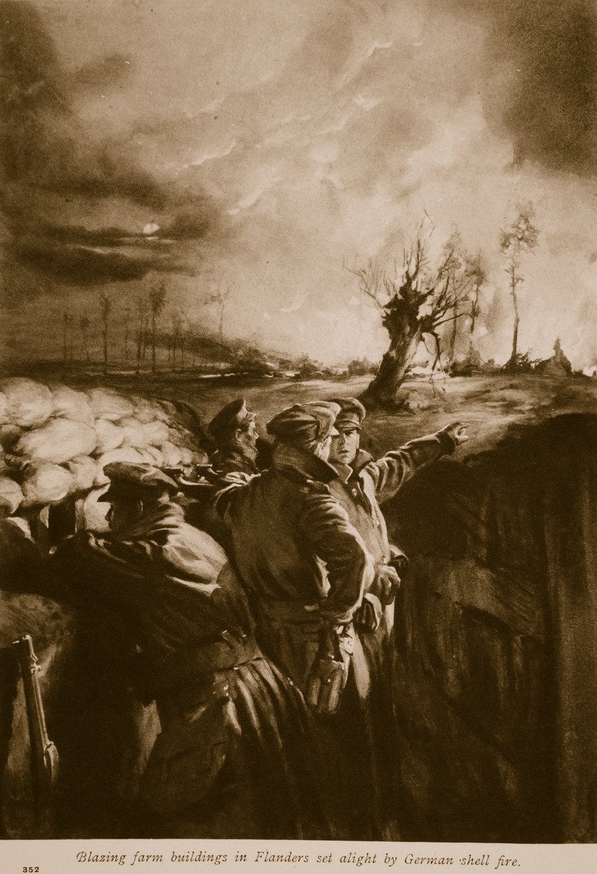 佛兰德斯的烈日农场建筑被德国炮火击落，1914-19 作者 英语学校