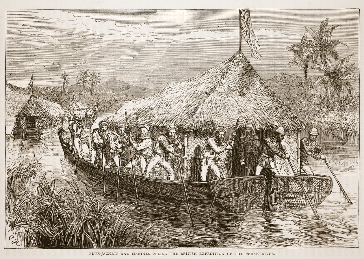 Blue-Jackets和Marines Poling英国探险队霹雳河，插图来自Cassells Illustrated History of England 作者 英语学校