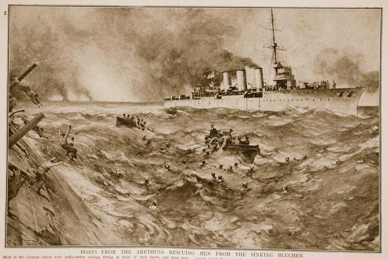 阿瑞图萨的船只从沉没的布鲁彻（Blucher）救出人员，1914-19 作者 英语学校
