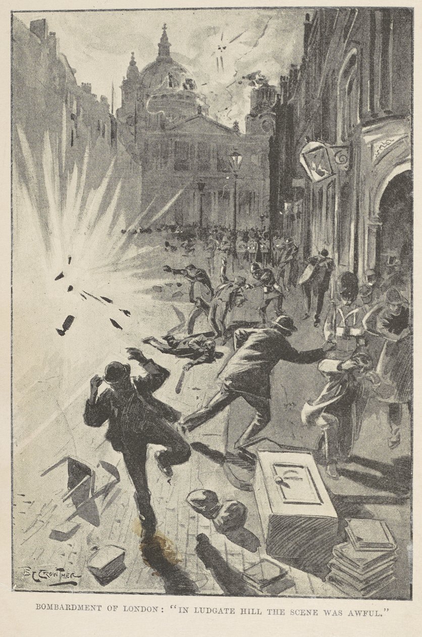轰炸伦敦："在路德盖特山，场面惨不忍睹"，William Le Queux 所著《1897 年英国的大战》中的正面插图 作者 英语学校