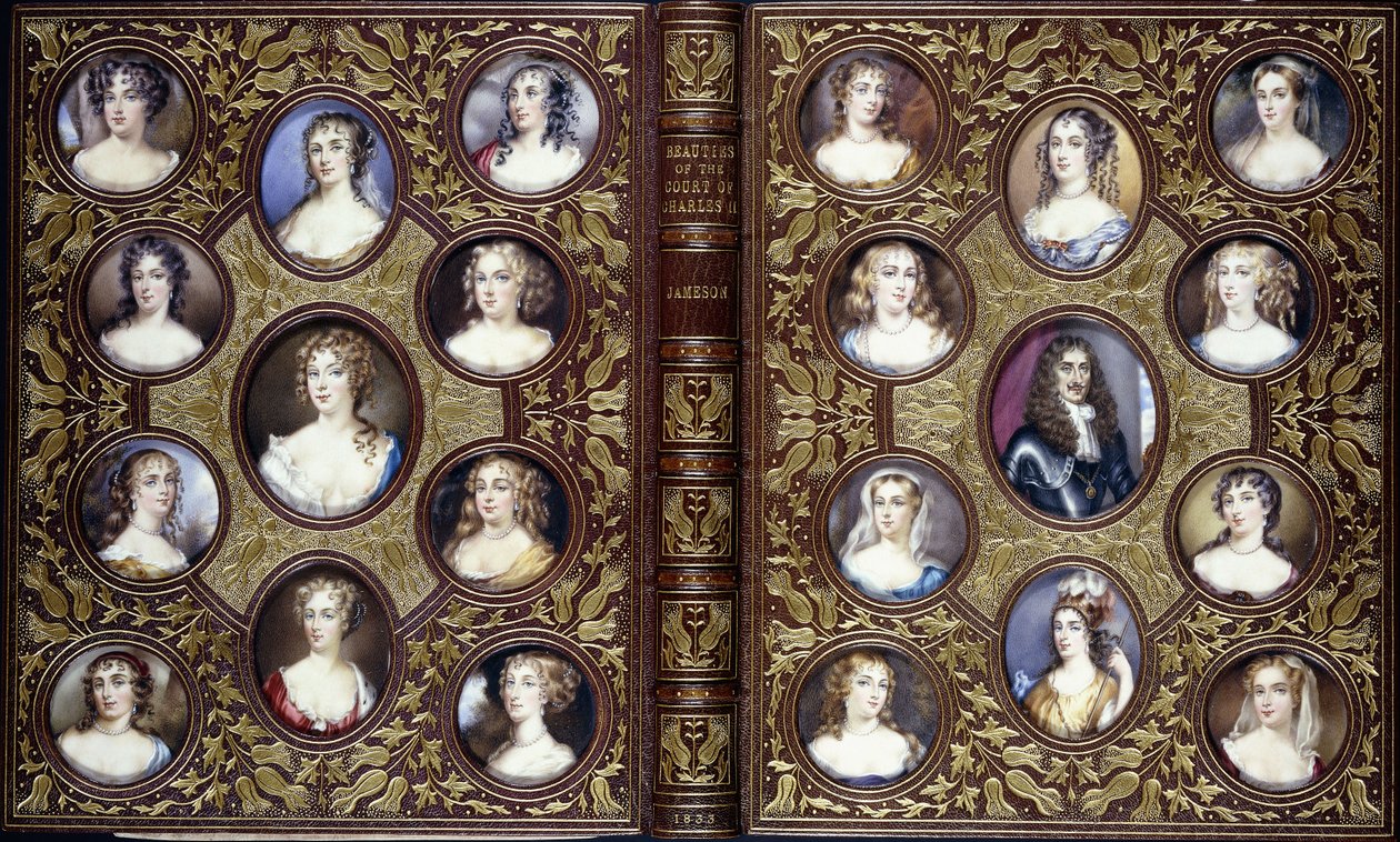 1833年，二十二个查尔斯二世及其宫廷美女肖像缩影的书本封面 作者 英语学校