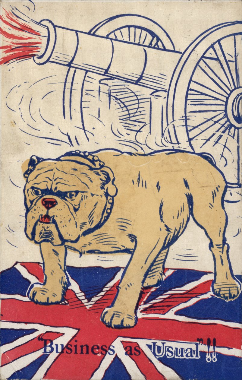 英国斗牛犬站在工会旗上，大炮正在开火（彩色石版印刷） 作者 英语学校