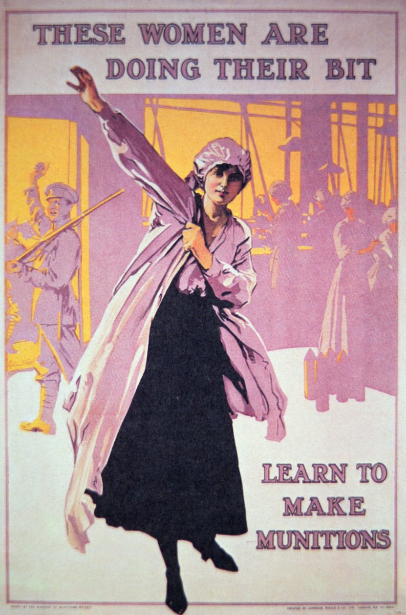 英国一战时期鼓励妇女在军工厂工作的海报，约1914-18年（彩色平印）。 作者 英语学校