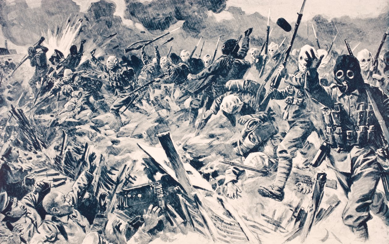 1915年9月25日，法国卢斯的英国军队在1916年伦敦出版的“战争画报专辑”中向德国战壕收取费用。 作者 英语学校