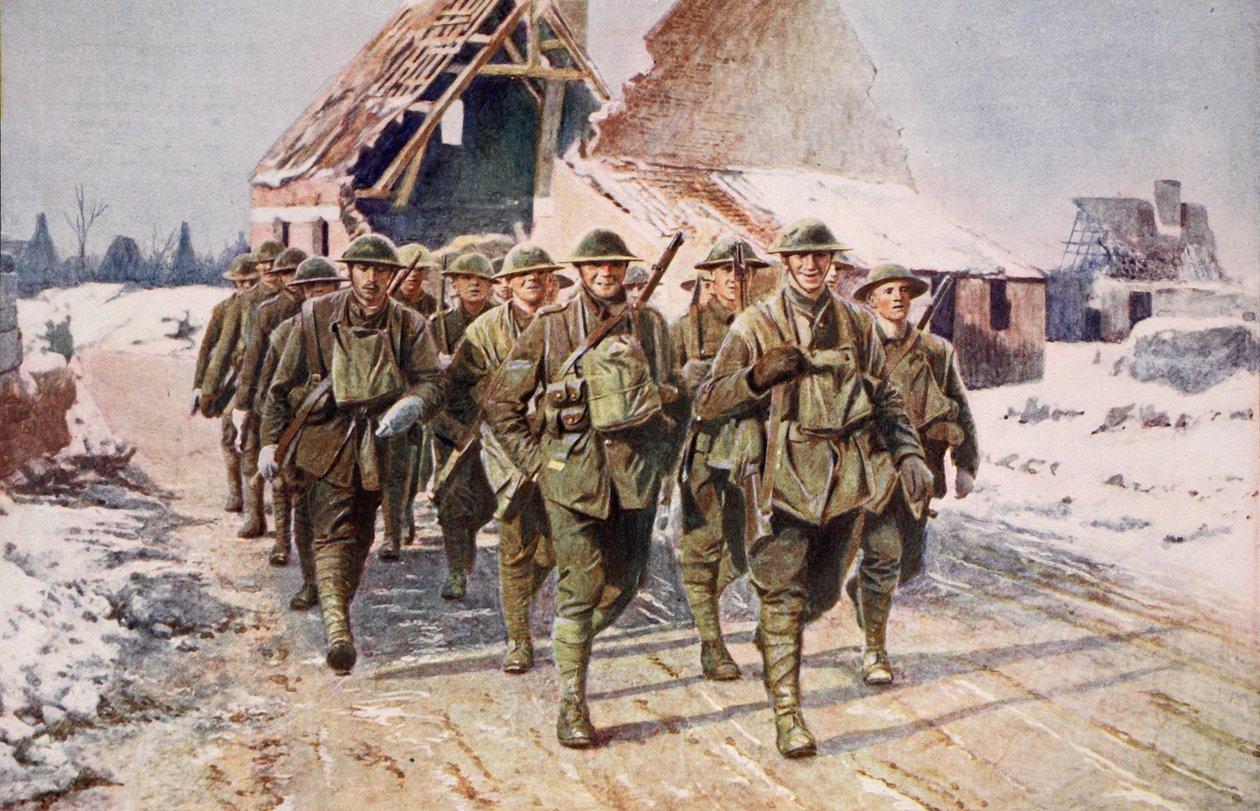 英国军队在冬季条件下游行，1914-19 作者 英语学校