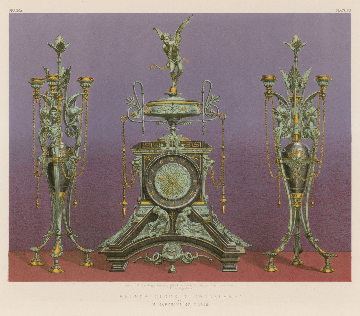 巴黎 M Marchand 的青铜钟和烛台（chromolitho） 作者 英语学校