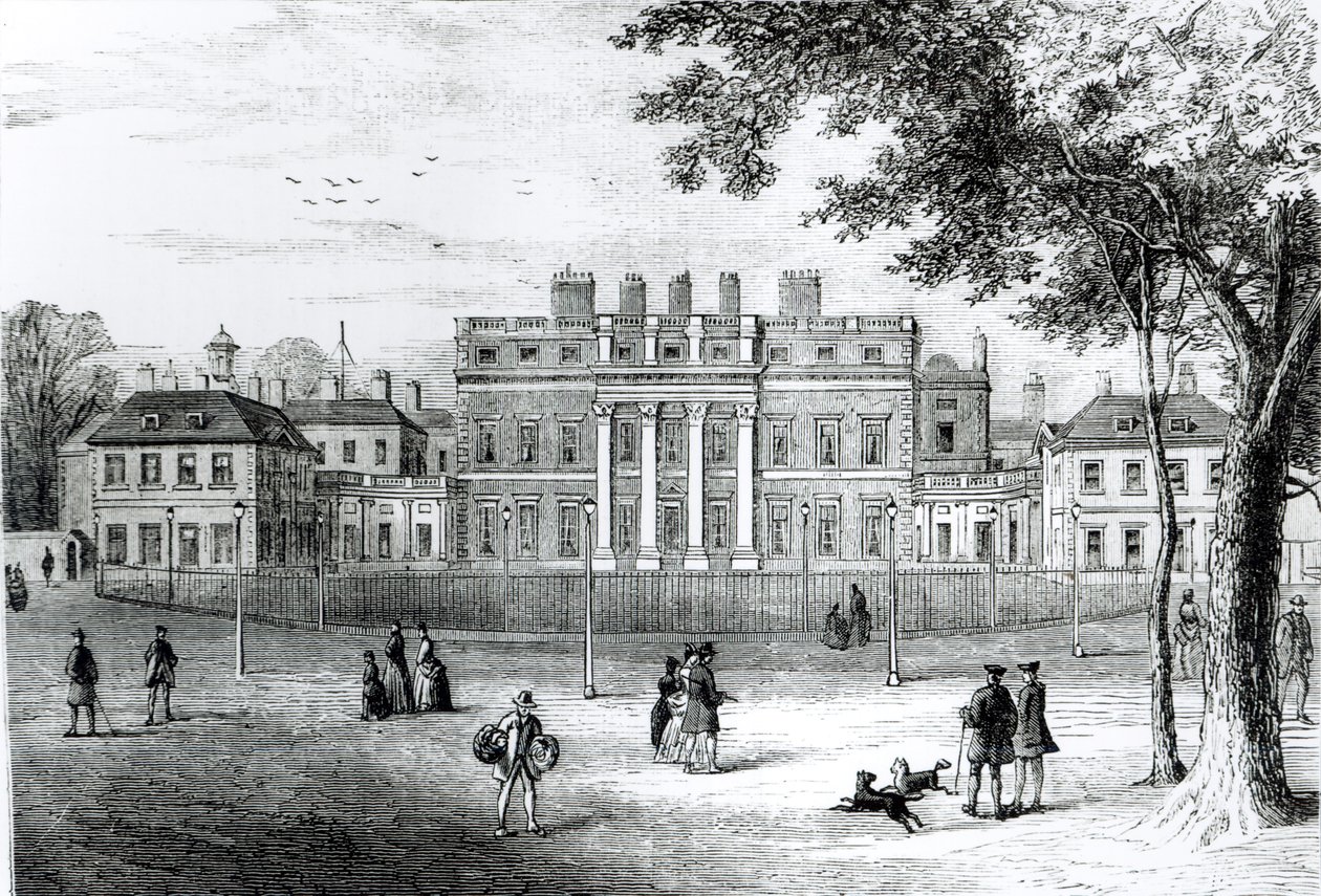 1775年的白金汉宫，来自“新旧伦敦：第4卷”，c.1878 作者 英语学校