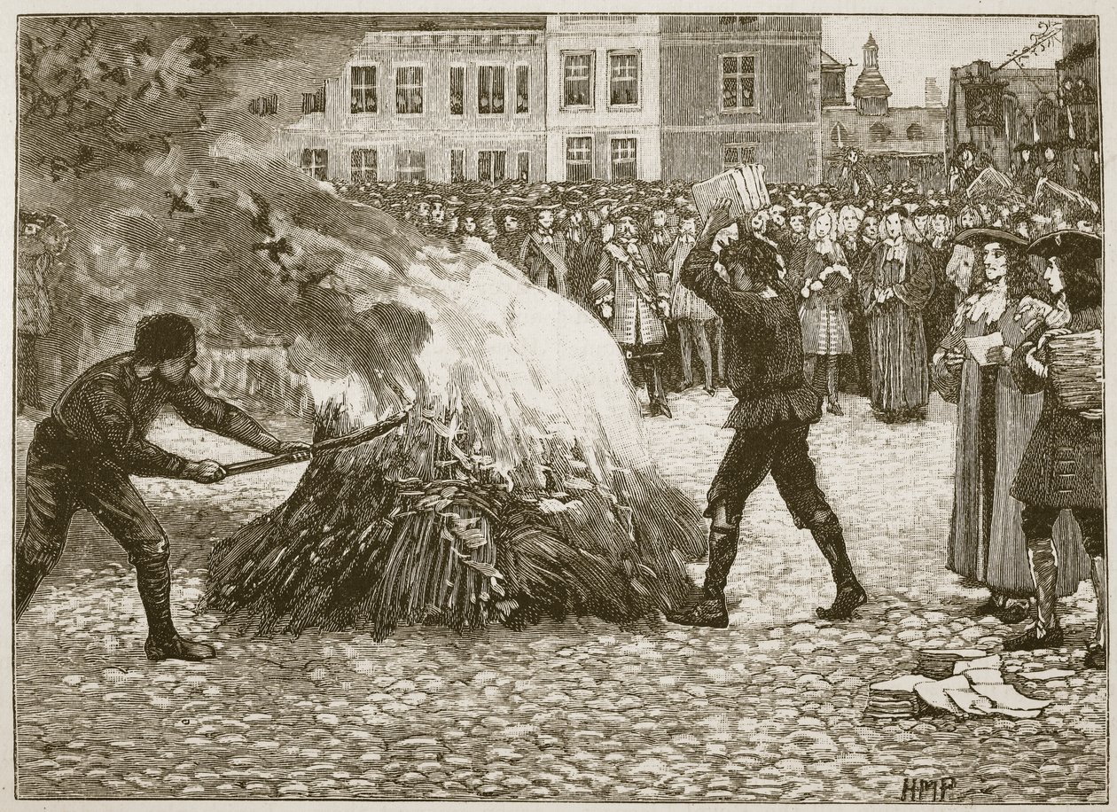 共同刽子手燃烧的Blounts小册子，插图来自Cassells Illustrated History of England（sepia photo） 作者 英语学校