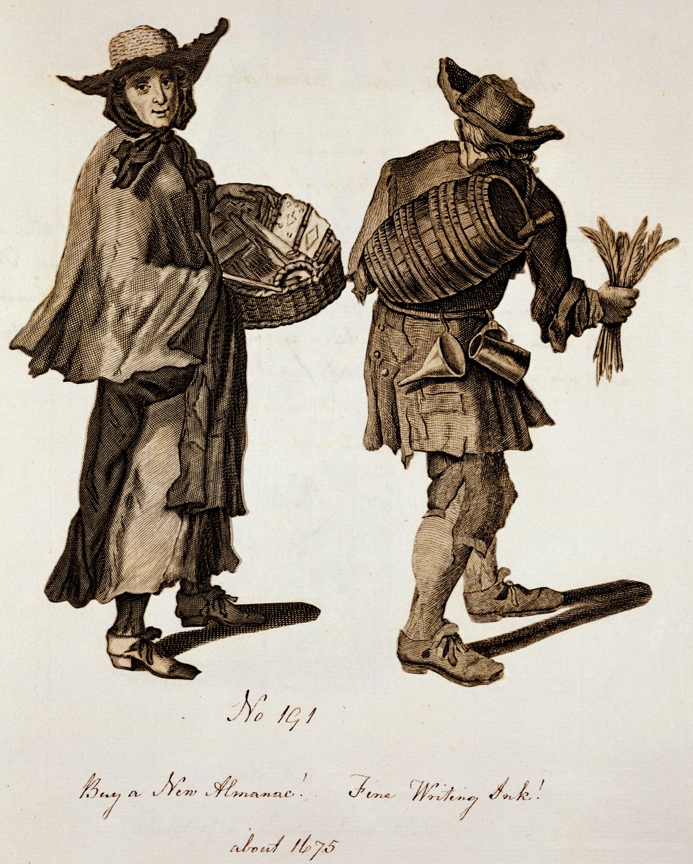 买一个新的年历！精美的书写墨水！，街头卖家的插图在1675年左右 作者 英语学校