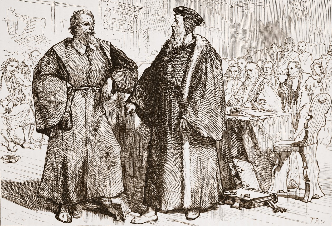 日内瓦委员会前的卡尔文和塞尔维特，詹姆斯·艾特肯·威利（James Aitken Wylie，1808-1890）的新教历史插图。 1878年 作者 英语学校