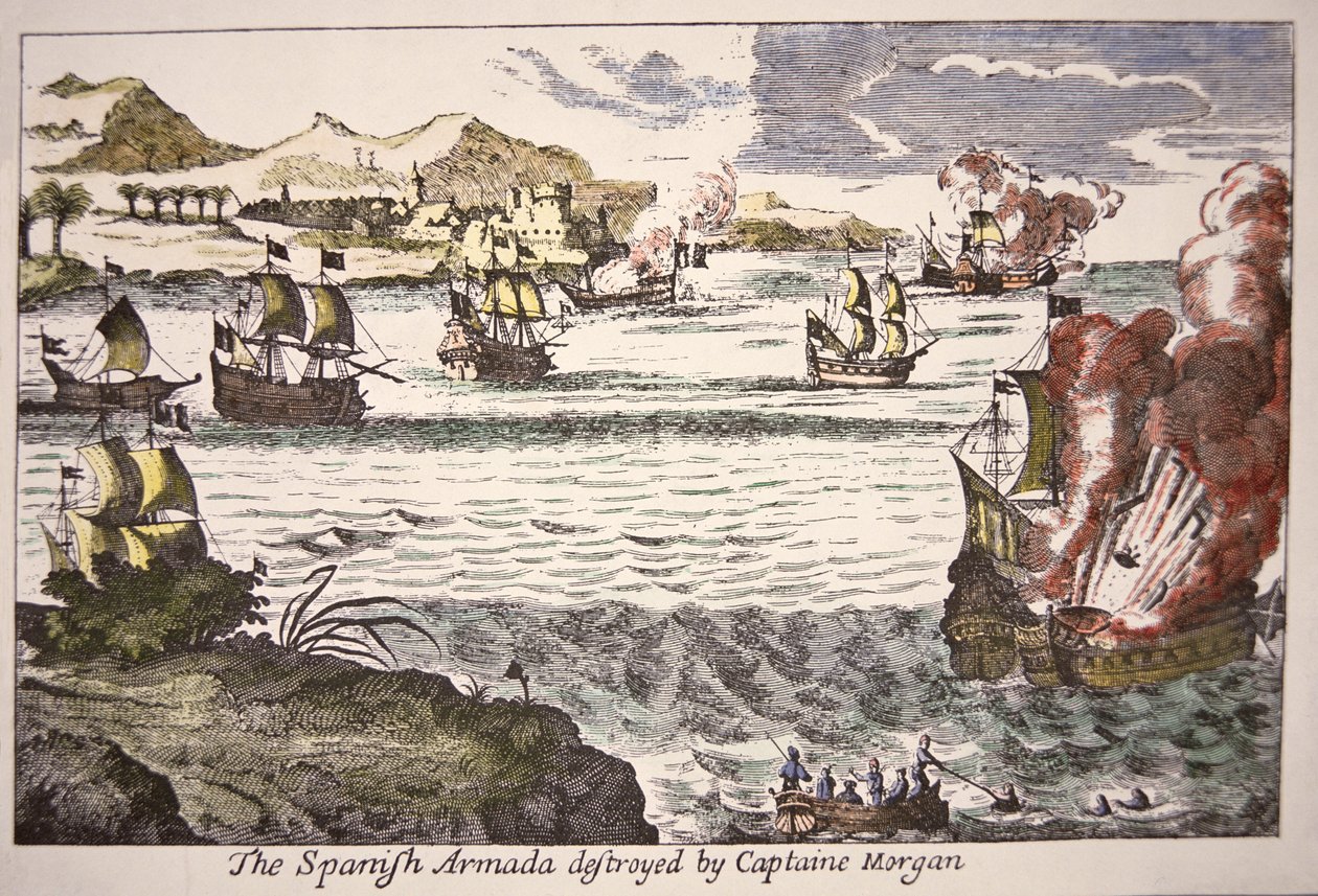摩根船长于 1669 年击败了封锁马拉开波湖口的西班牙军舰（彩色雕刻） 作者 英语学校