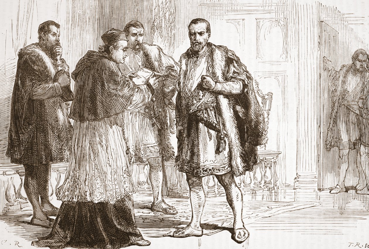 红衣主教de Tournon向弗朗西斯一世读新教标语，詹姆斯艾特肯威利（1808-1890），酒吧的新教历史插图。 1878年 作者 英语学校