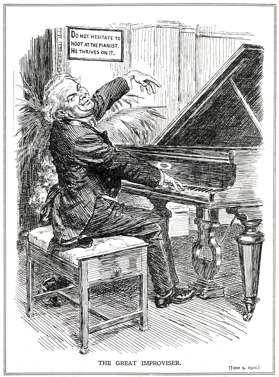 卡通讽刺LLoyd George作为即兴创作者的伟大即兴者或领导者，1920年6月 作者 英语学校