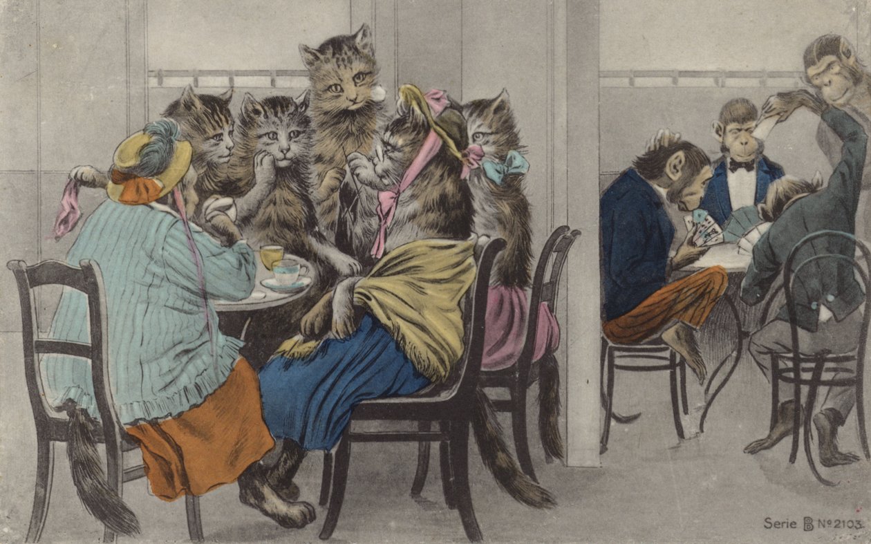 猫咪喝茶，猴子玩牌（彩色石版画） 作者 英语学校
