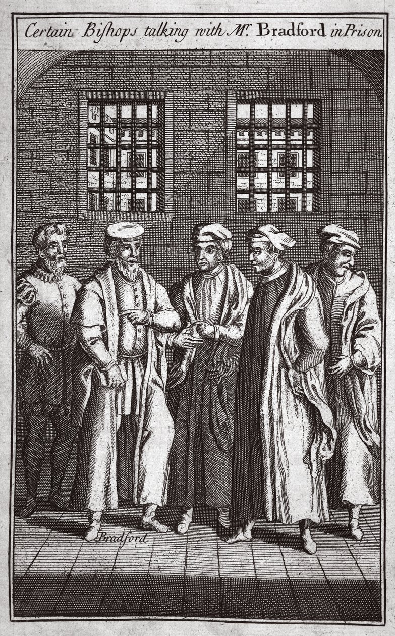 某些主教在监狱里与布拉德福德先生交谈，插图来自Foxes Martyrs c.1703 作者 英语学校