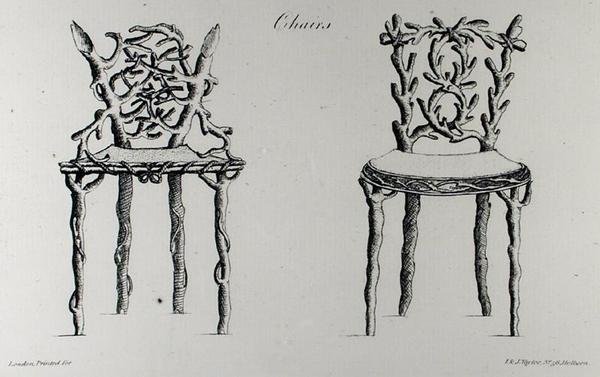 椅子，出自《怪诞建筑，或乡村娱乐》，作者威廉-赖特，1768年出版（雕刻）（黑白照片）。 作者 英语学校