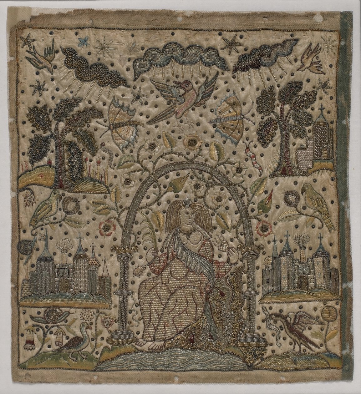 拱门下的慈善，c.1640（丝绸，金属线和缎面上的亮片） 作者 英语学校