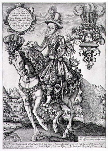查理一世作为威尔士亲王在马背上，出自《王书》，由Renold Elstrack（1571-c.1630）1618年雕刻（雕刻）。 作者 英语学校