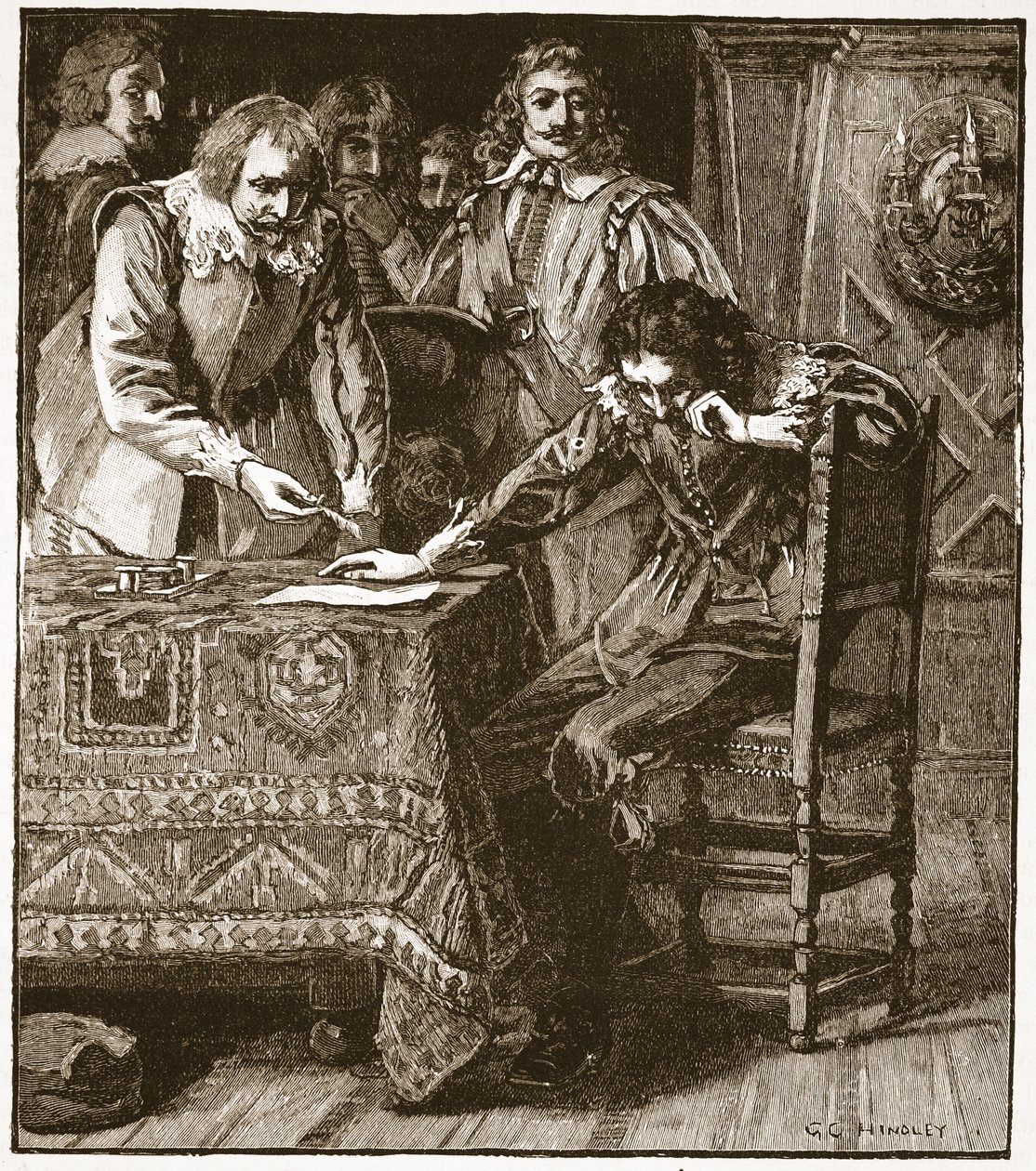查尔斯签署同意委员会对Straffords Attainder，插图来自Cassells Illustrated History of England（sepia photo） 作者 英语学校