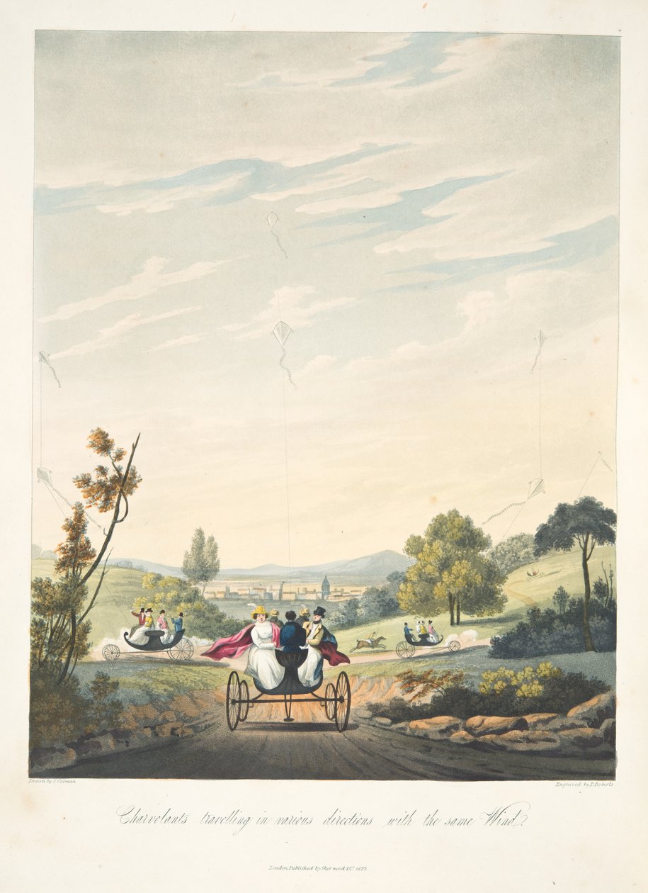 Chervolents travelling in various directions with the same wind, from "The Aeropleustic Art, or Navigation in the Air, by the Use of Kites, or Buoyant Sails, pub. 1827 (hand coloured aquatint) 作者 英语学校