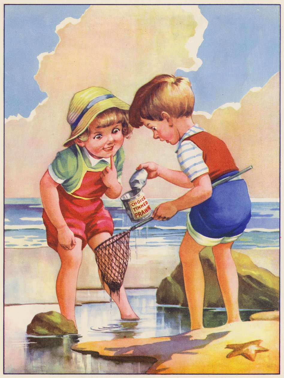 儿童在海边的岩石池中钓鱼（彩色石版画） 作者 英语学校