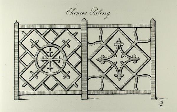 中国帕林，出自《中国栏杆和大门的木匠指南》，作者是John Crunden（约1745-1835）和J.H. Morris，1765年出版（雕刻）（黑白照片）。 作者 英语学校