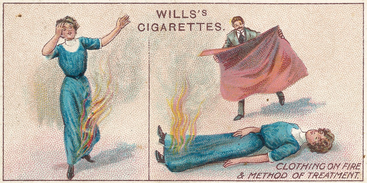 服装着火，来自1913年Willss Cigarettes卡的First Aid系列 作者 英语学校