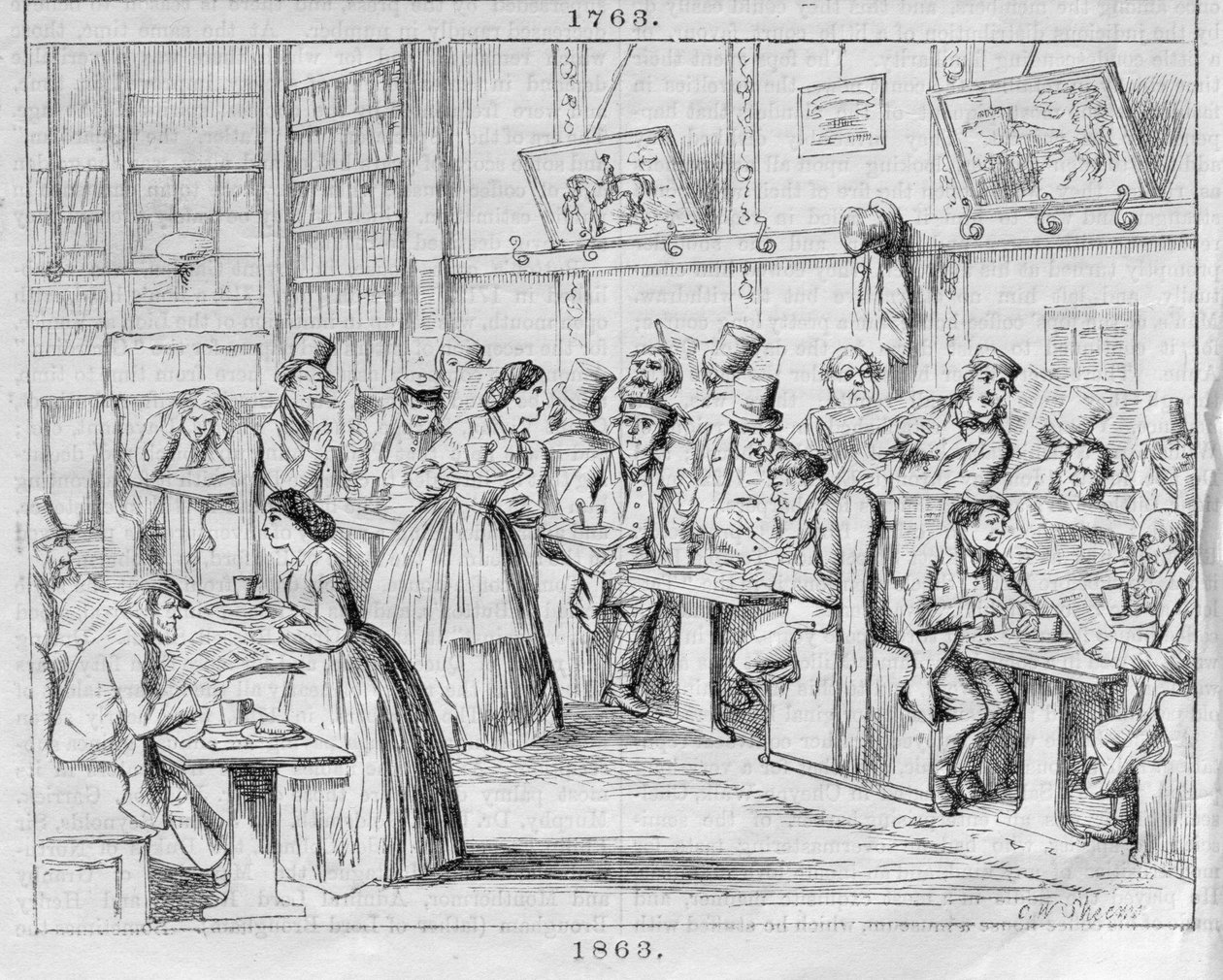 1863年的咖啡厅，来自伦敦咖啡馆过去和现在（彩色雕刻） 作者 英语学校