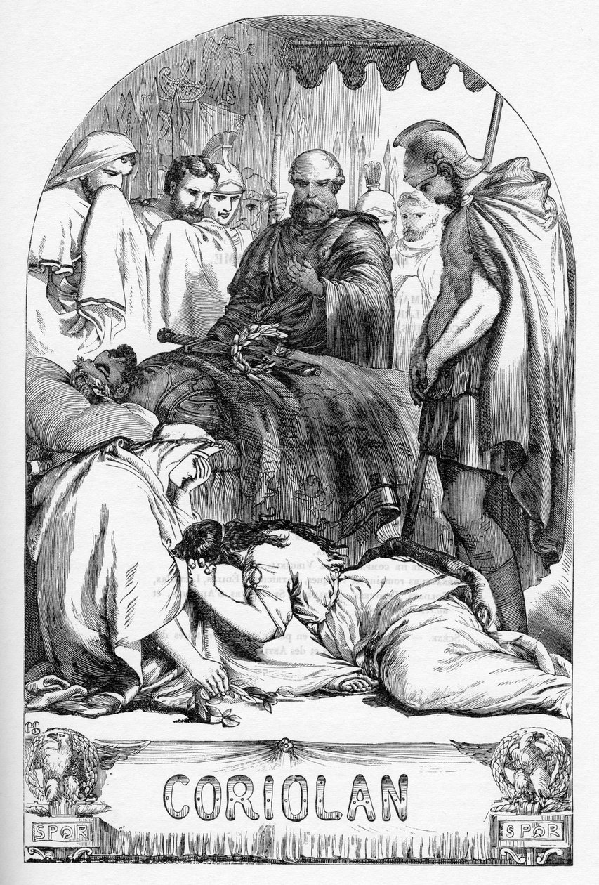 科里奥兰（Coriolanus）--《威廉-莎士比亚全集》中的插图，1866年--该版本的插图和一般形式借鉴了伦敦出版的卡塞尔的《莎士比亚插图》。 作者 英语学校