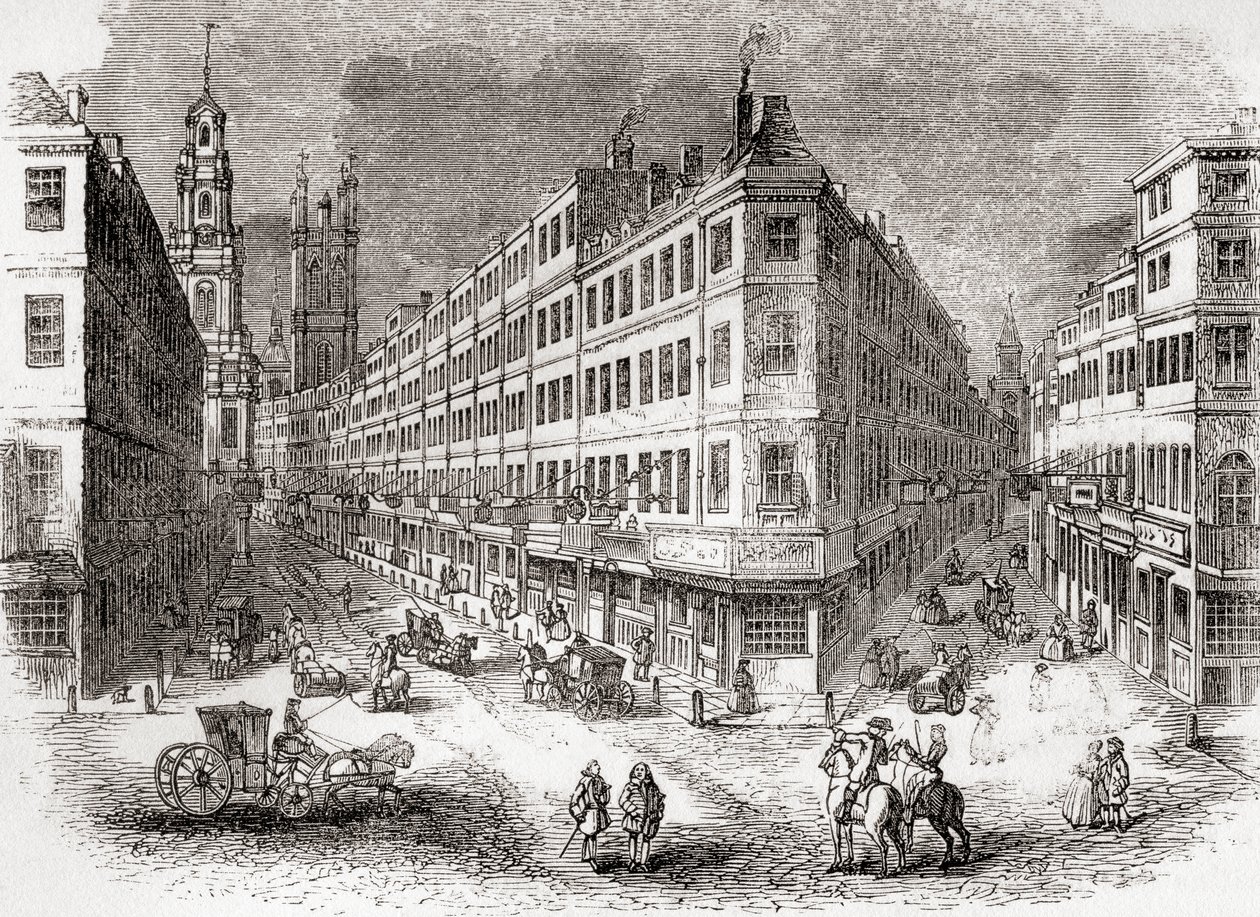 19 世纪中叶英国伦敦的康希尔 (Cornhill)、交易所 (The Exchange) 和朗伯德街 (Lombard Street)，来自旧英格兰：图画博物馆 (Old England: A Pictorial Museum)，酒吧。 1847年 作者 英语学校