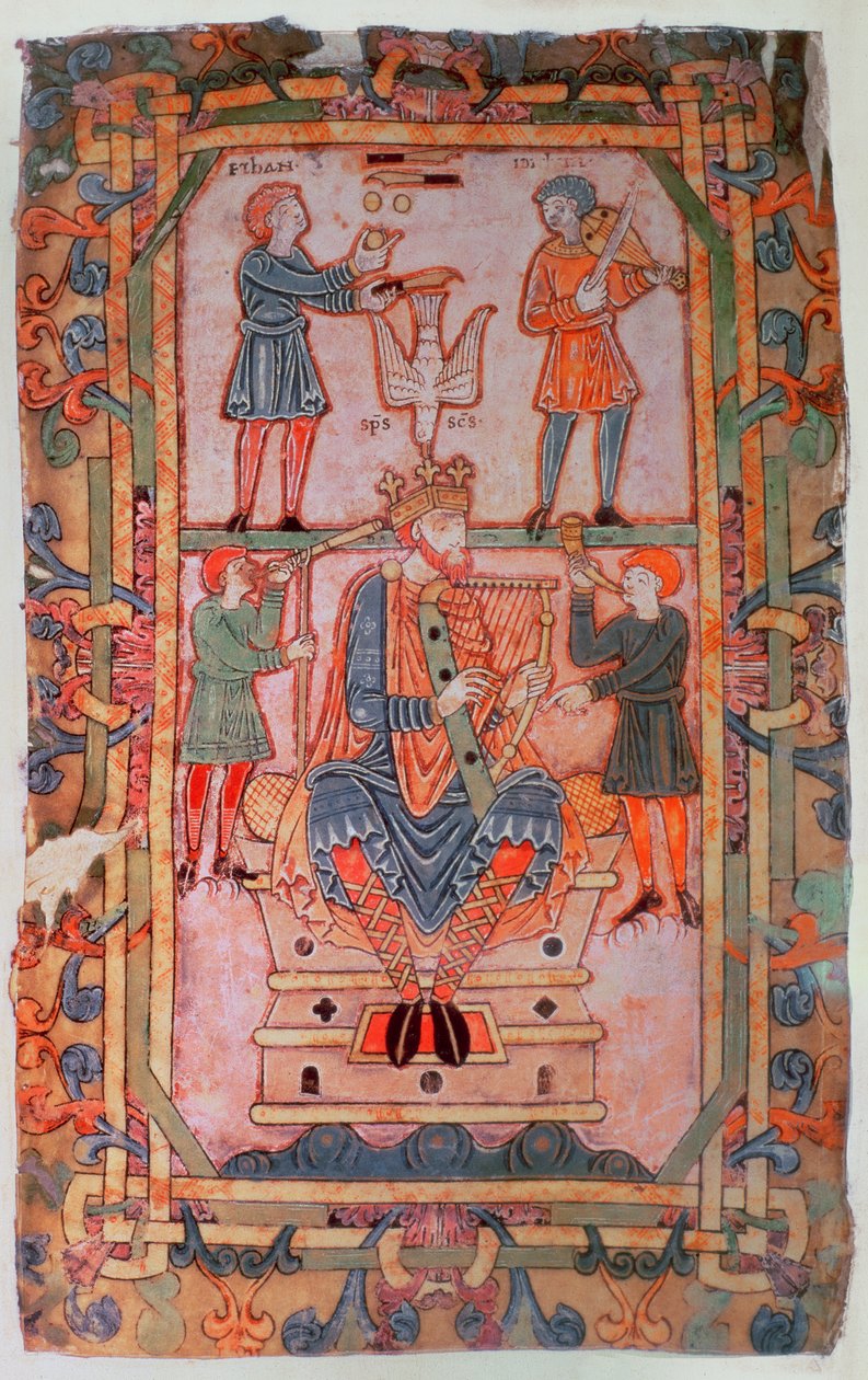 Cott Tib C VI f.30v 大卫弹奏竖琴，选自温彻斯特的《提比略诗篇》，约 1050 年（牛皮纸）。 作者 英语学校