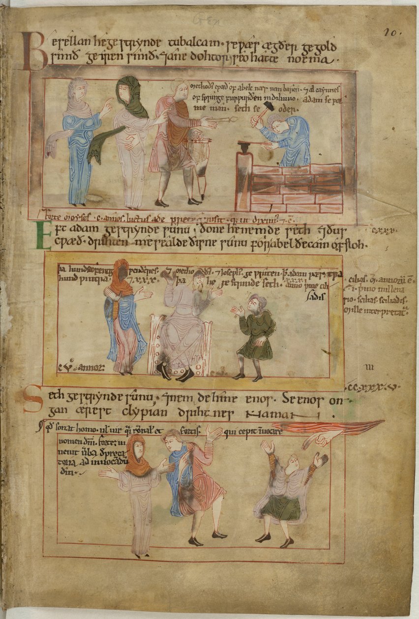 棉布克劳狄乌斯 B IV fol.10 拉麦和他的两个妻子以及他的儿子铁匠图巴尔坎在工作（牛皮纸） 作者 英语学校
