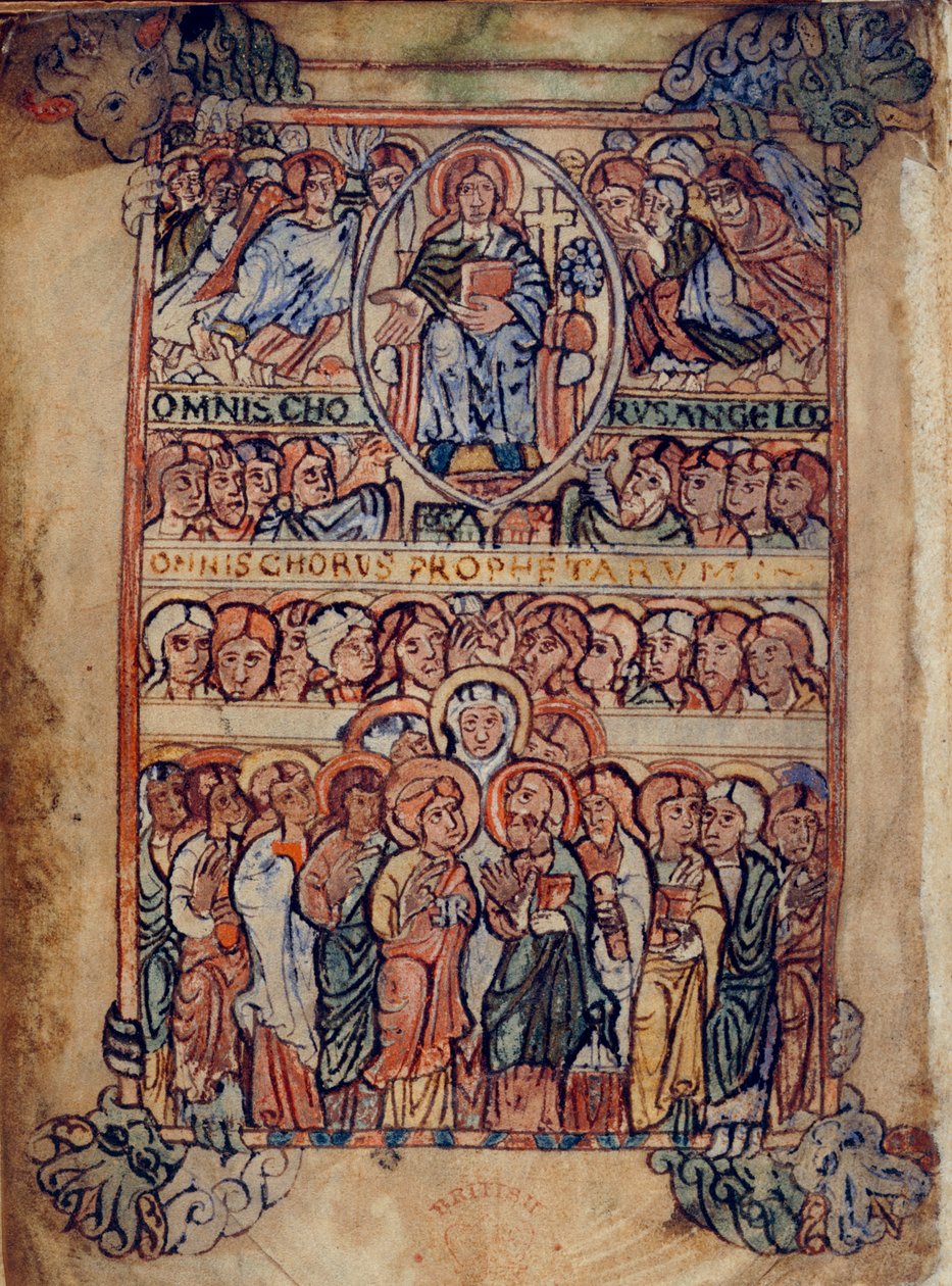科顿-加尔巴 A.XVIII，f.2v 耶稣在受难的工具以及天使和先知合唱团的簇拥下庄严肃穆，插图选自 "阿特尔斯坦诗篇"（牛皮纸）。 作者 英语学校