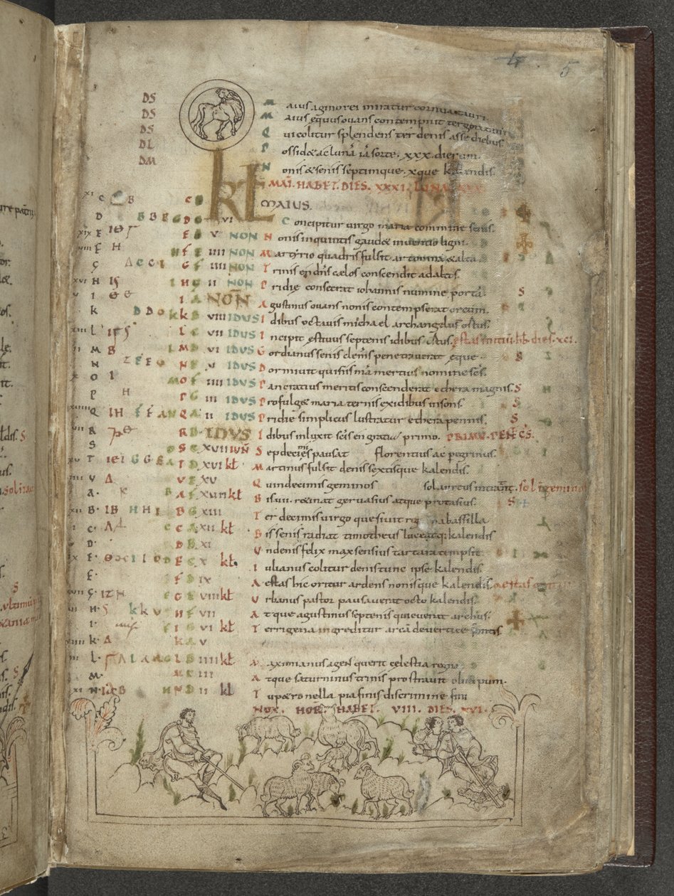 Cotton Julius A. VI, f.5, 五月日历页：牧羊人和羊群（牛皮纸） 作者 英语学校